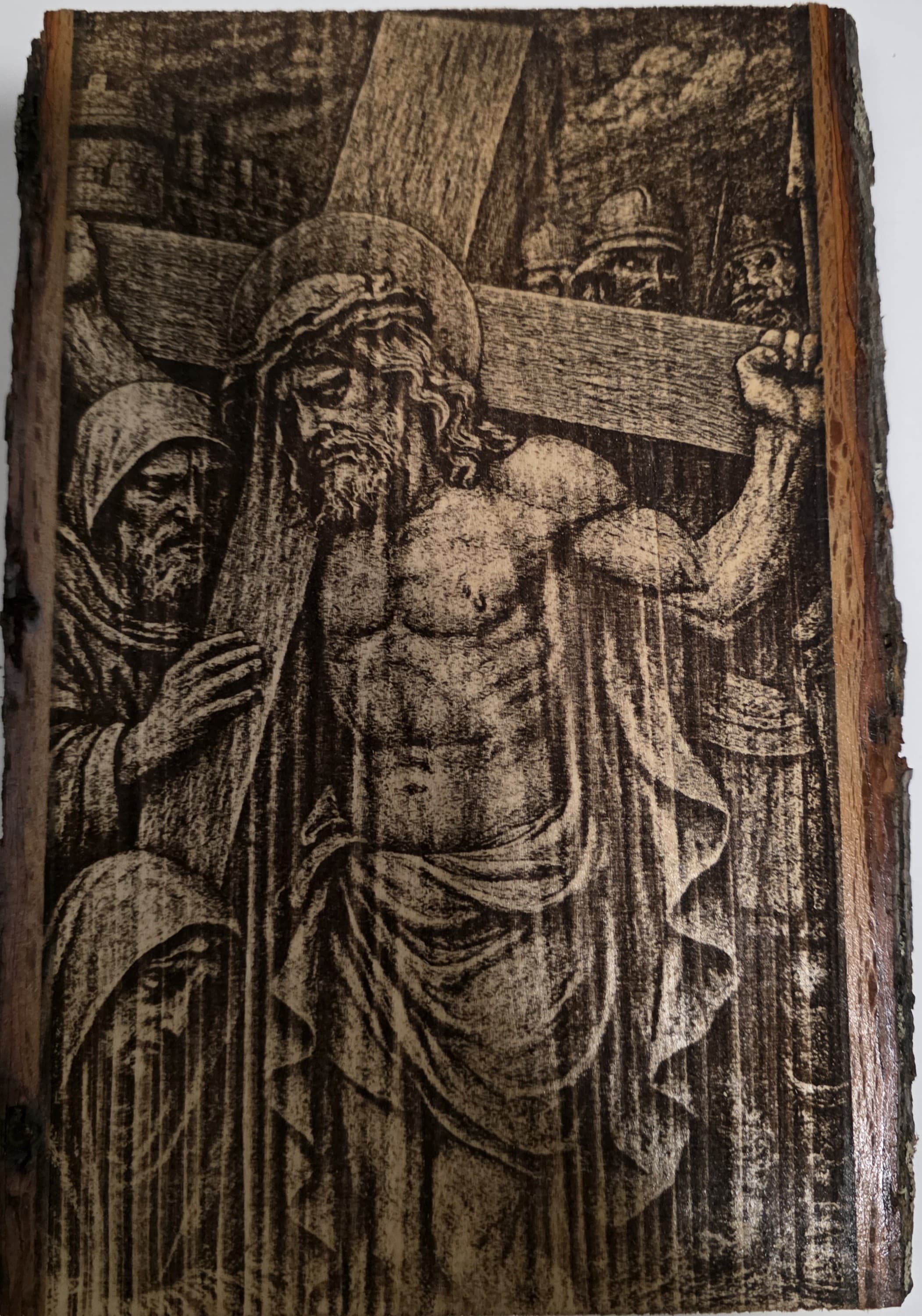 “Carrying the Cross” Engraving – Live Edge Basswood**