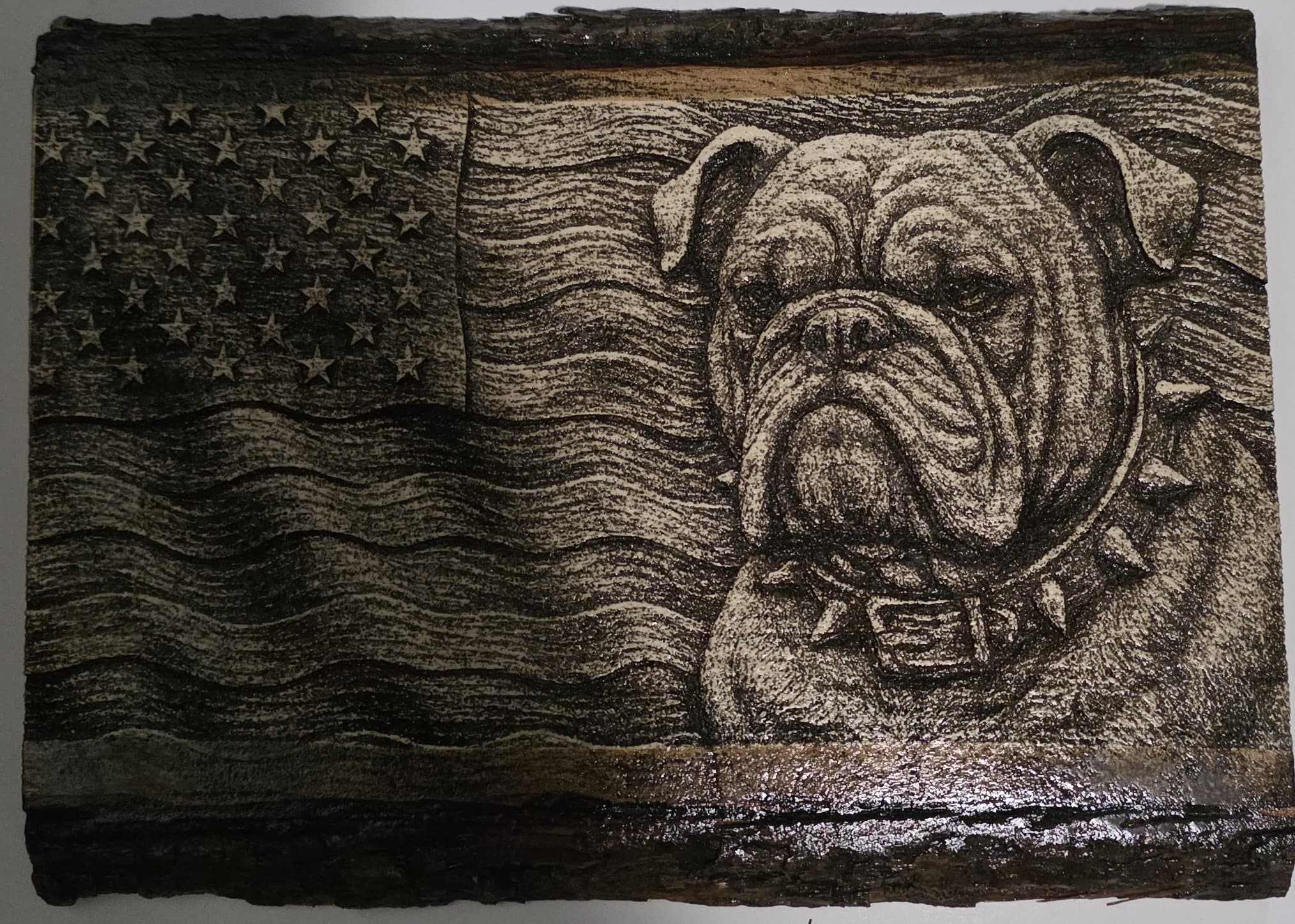 Bulldog & American Flag Engraving – Live Edge Basswood