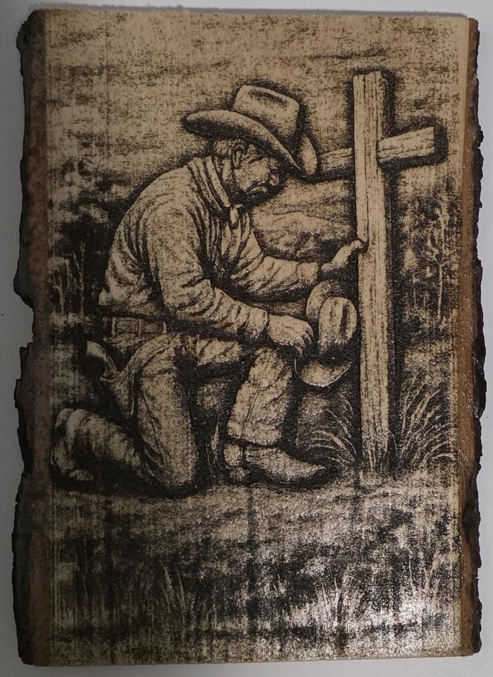 Cowboy Kneeling at Cross – Live Edge Basswood